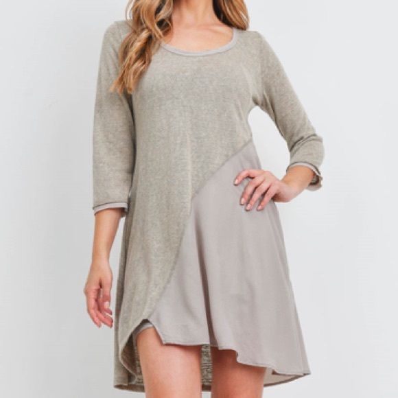 Trendy boutique Dresses & Skirts - Taupe 3/4 sleeve round neck asymmetric hem two-tone shift dress. CUTE!